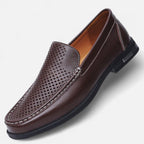 Men's perforated brown moc toe slip-on loafer with low heel