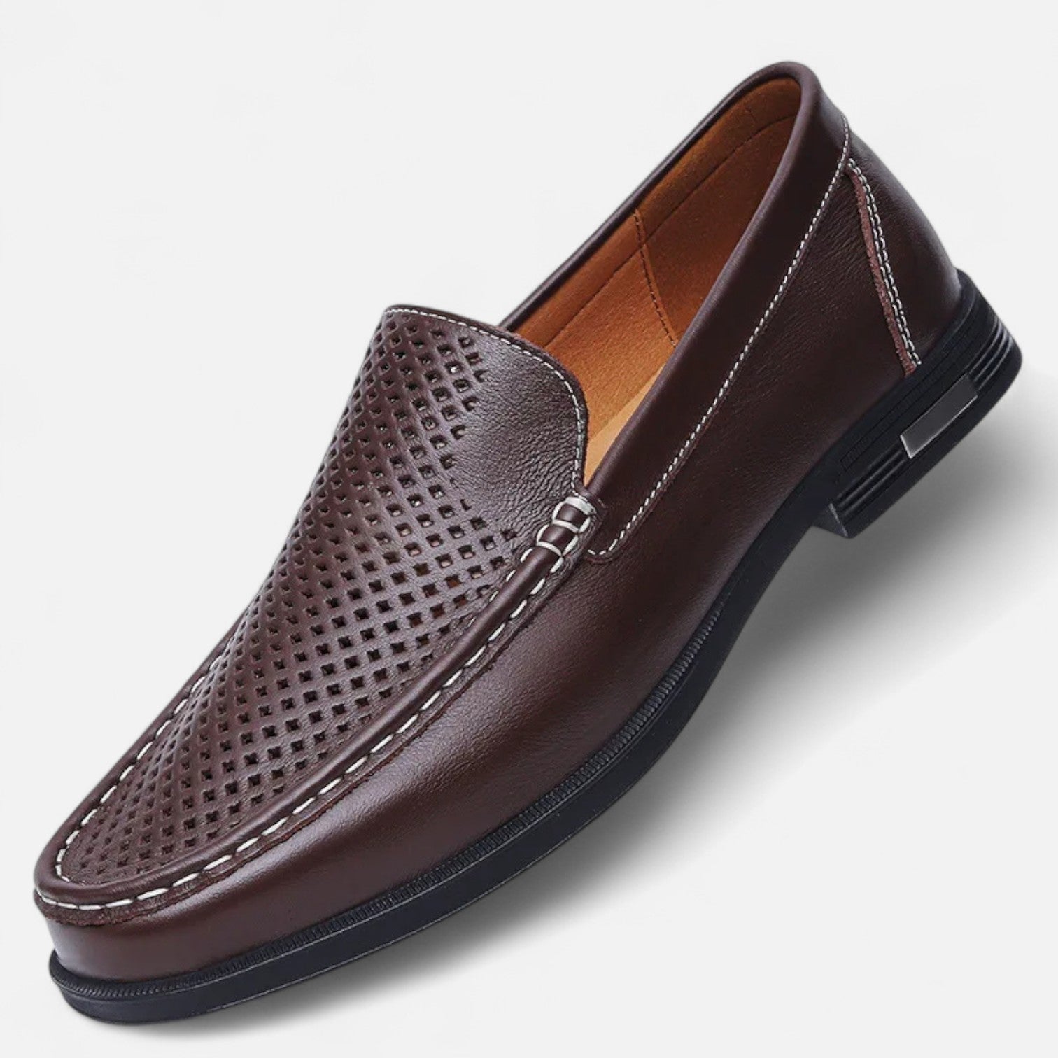 Men's perforated brown moc toe slip-on loafer with low heel