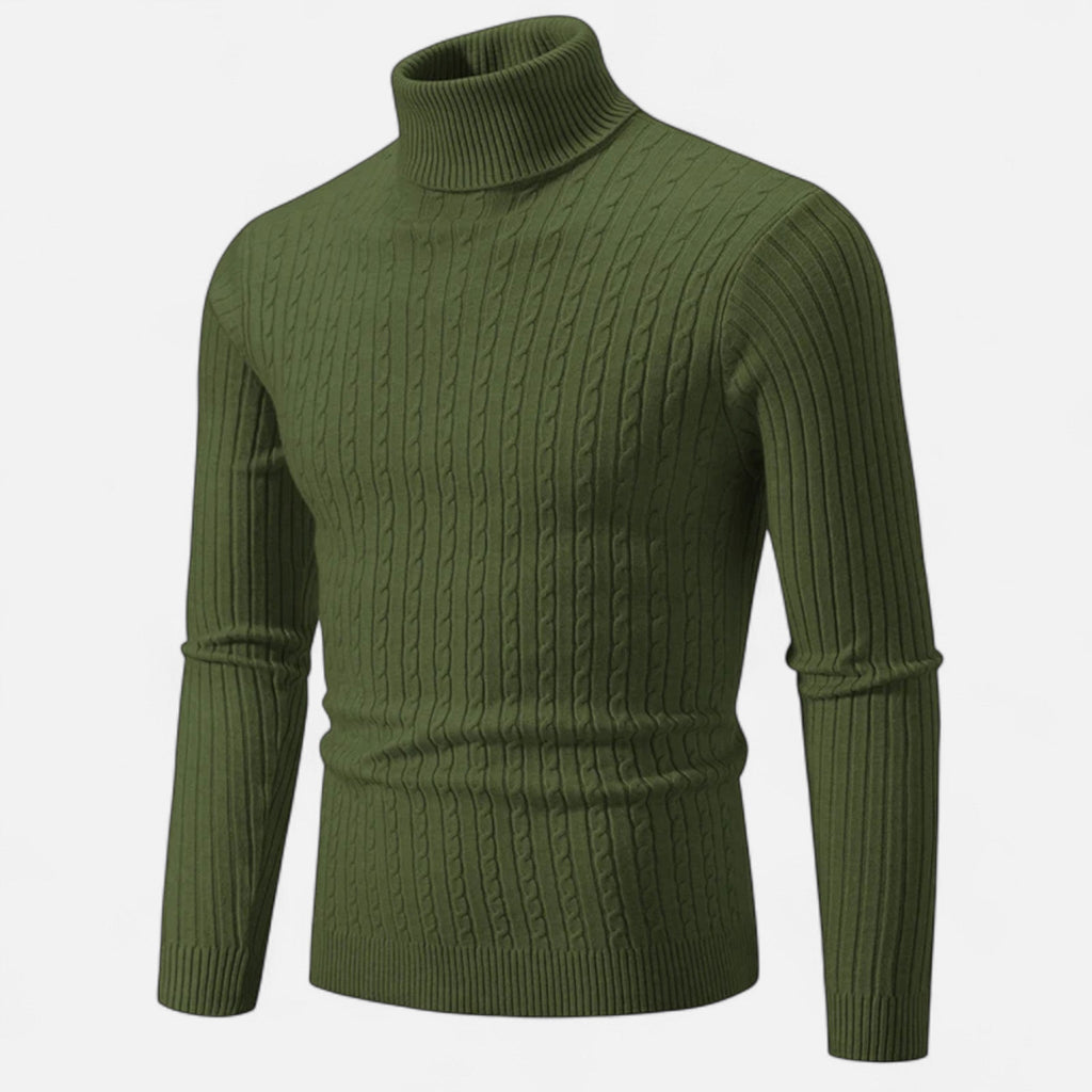 Men's cable knit turtleneck sweater with long sleeves and ribbed trims