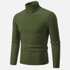 Men's cable knit turtleneck sweater with long sleeves and ribbed trims