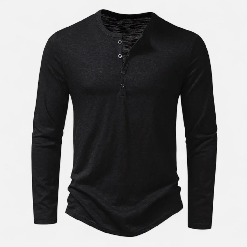 Men's long sleeve Henley shirt with split neckline, button placket and curved hem