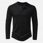 Men's long sleeve Henley shirt with split neckline, button placket and curved hem