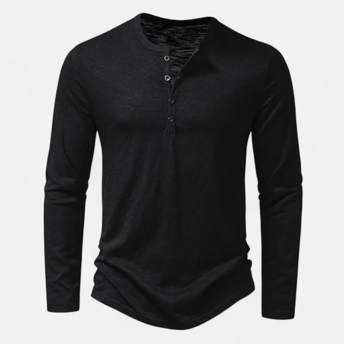 Men's long sleeve Henley shirt with split neckline, button placket and curved hem