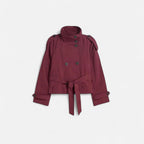Women's short belted trench jacket with high collar and button front