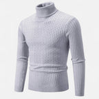 Men's cable knit turtleneck sweater with long sleeves and ribbed trims