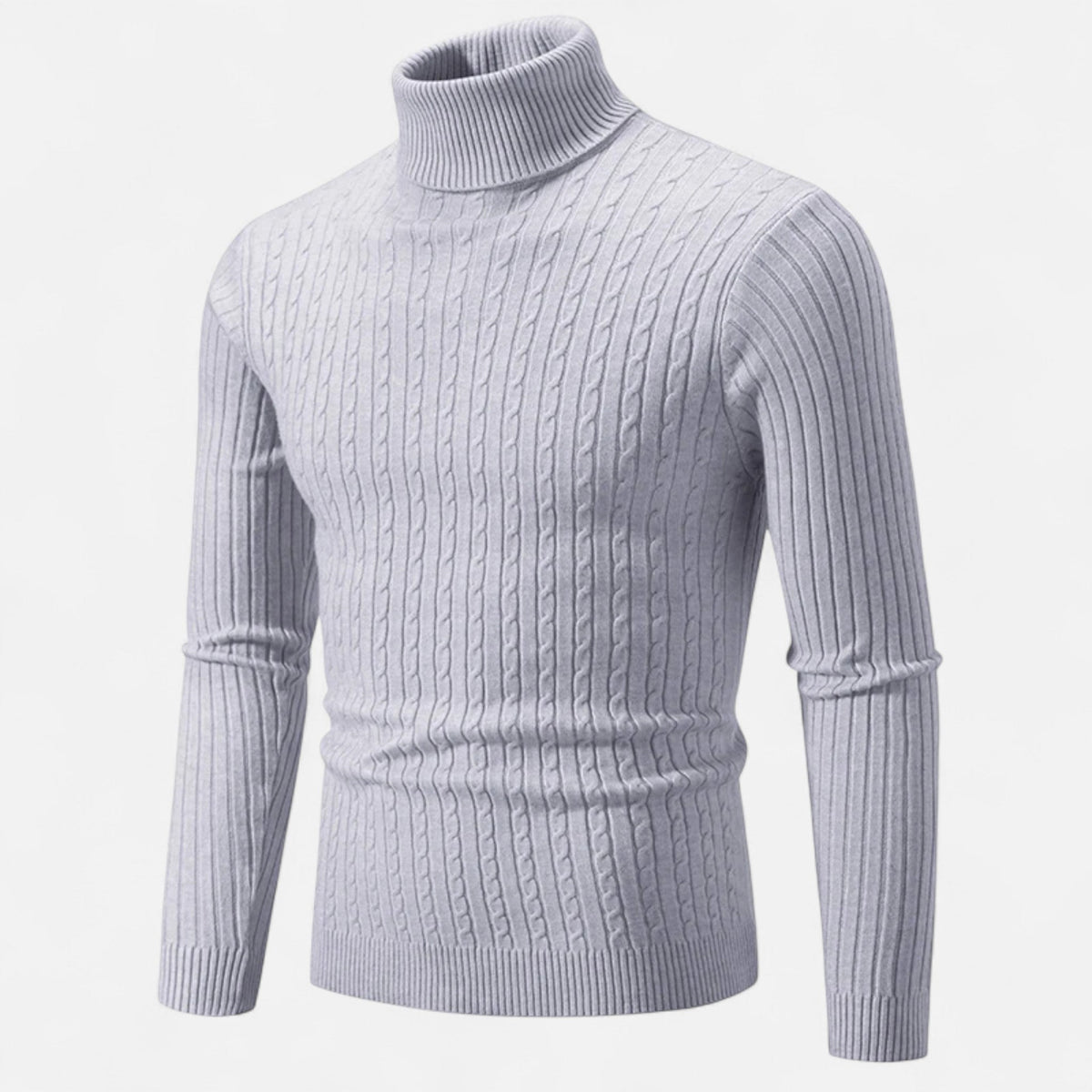 Men's cable knit turtleneck sweater with long sleeves and ribbed trims
