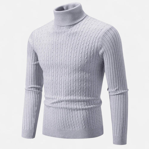 Men's cable knit turtleneck sweater with long sleeves and ribbed trims