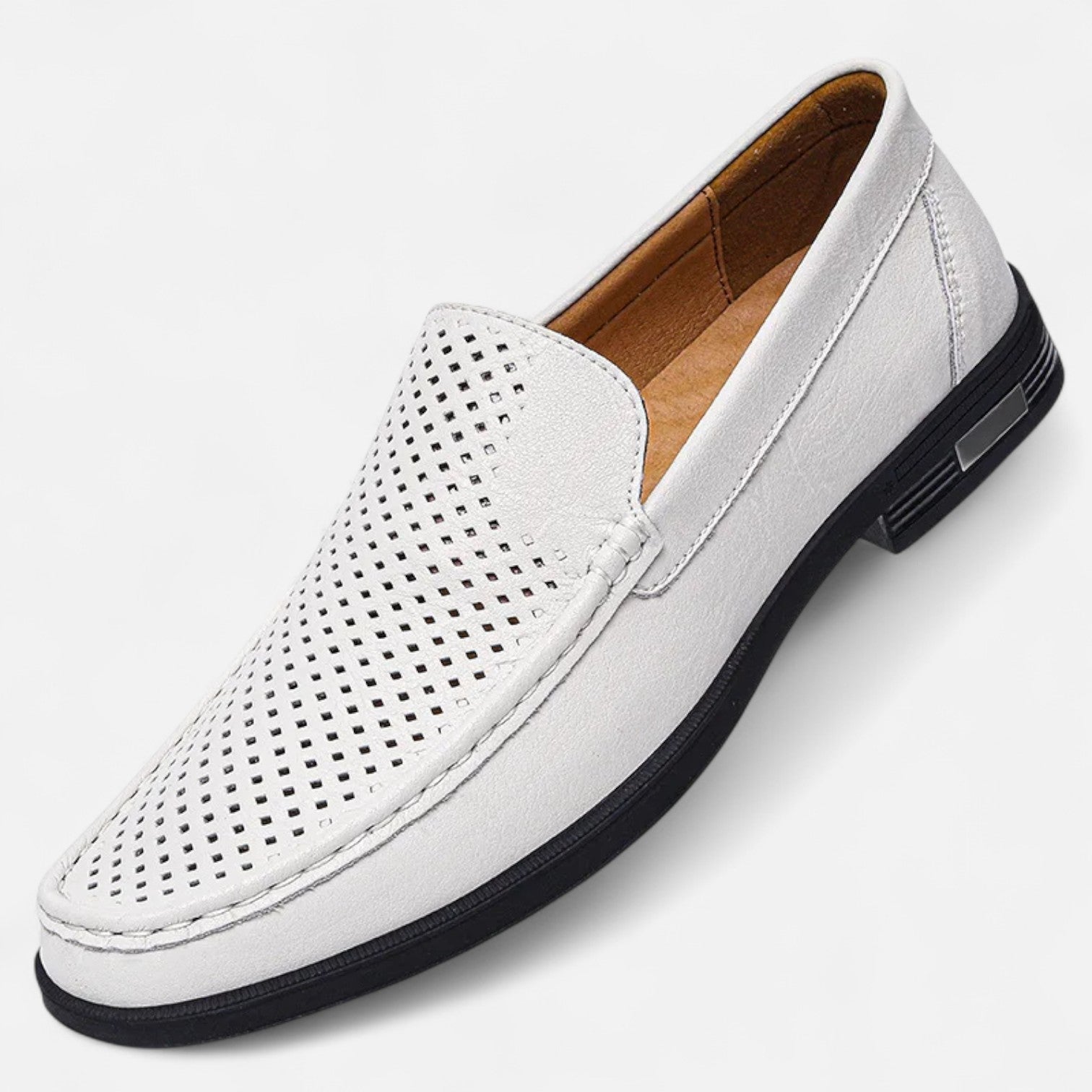 Men's perforated brown moc toe slip-on loafer with low heel