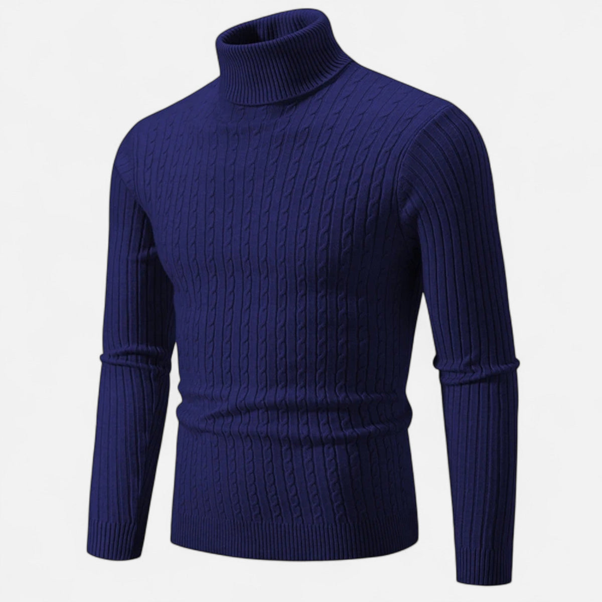 Men's cable knit turtleneck sweater with long sleeves and ribbed trims