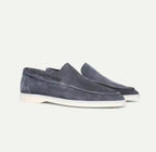 Men's suede yacht loafers with moc toe stitching and flat soles