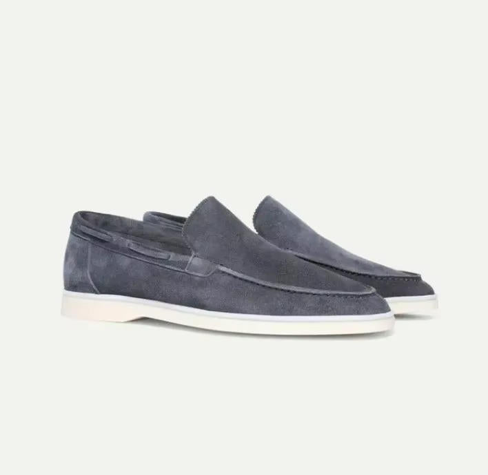 Men's suede yacht loafers with moc toe stitching and flat soles