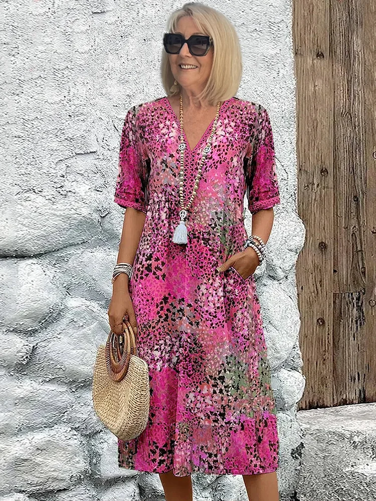 Women's multicoloured floral midi dress with V-neck, short sleeves and pockets