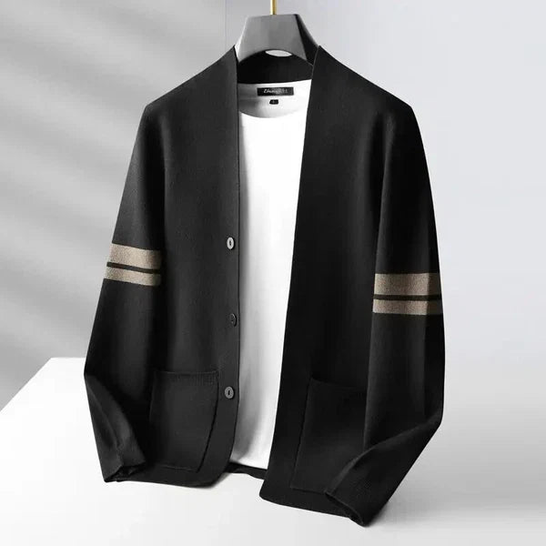 Men's cardigan with button front, patch pockets and striped long sleeves