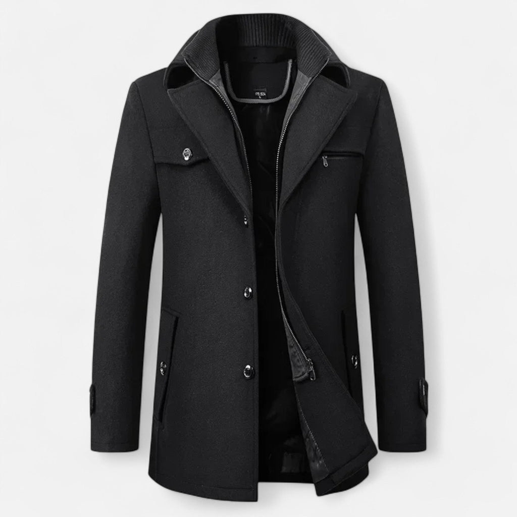Men's long coat with stand collar, zip and button front, and multiple pockets