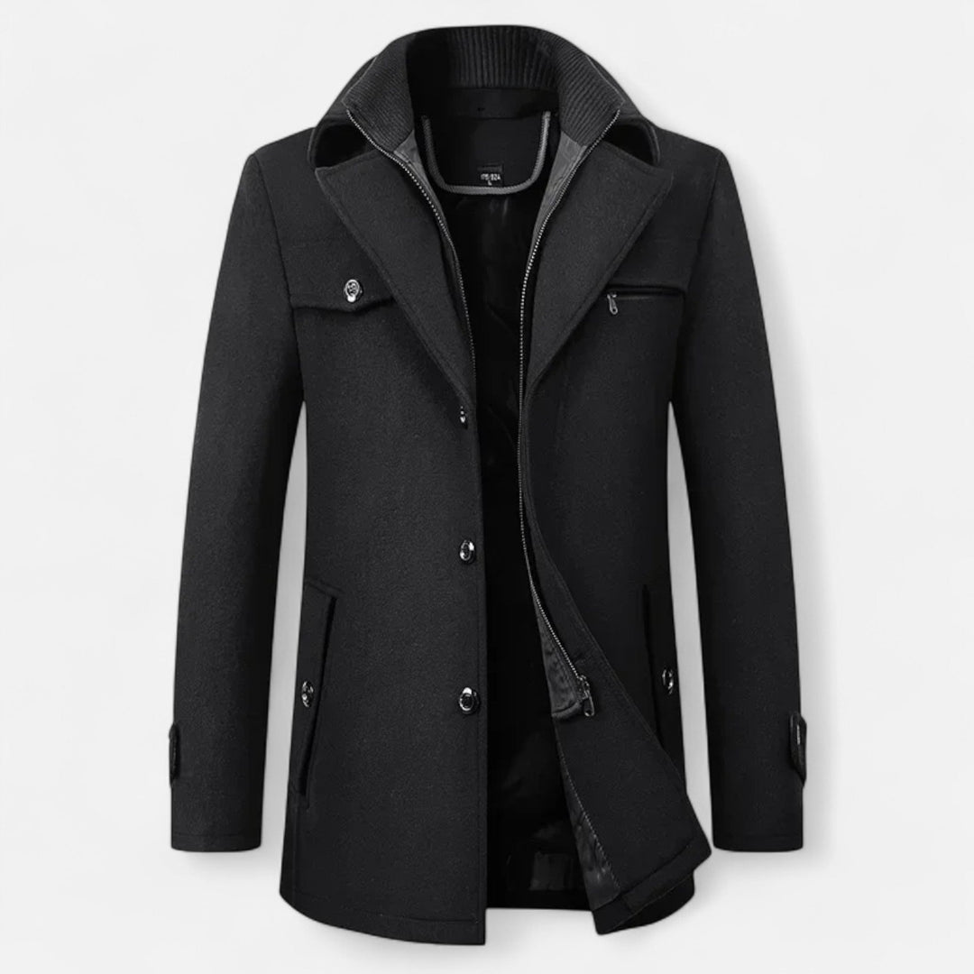 Men's long coat with stand collar, zip and button front, and multiple pockets