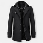 Men's long coat with stand collar, zip and button front, and multiple pockets