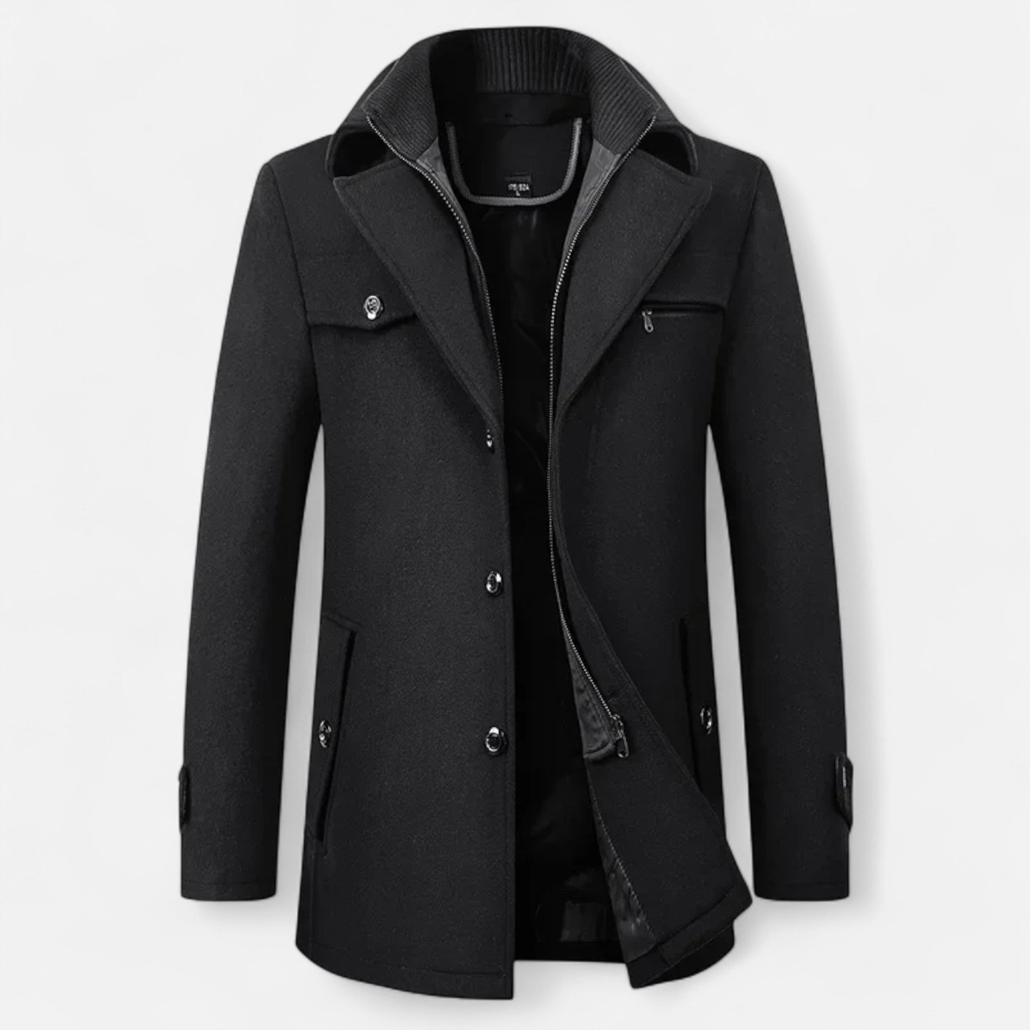 Men's long coat with stand collar, zip and button front, and multiple pockets