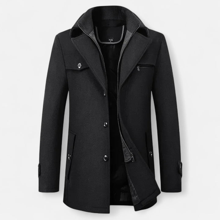 Men's long coat with stand collar, zip and button front, and multiple pockets