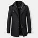 Men's long coat with stand collar, zip and button front, and multiple pockets