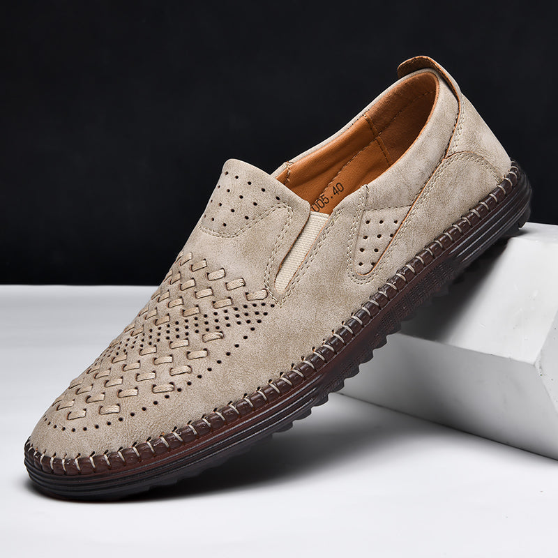 Men's perforated slip-on loafer with round toe and flat textured sole