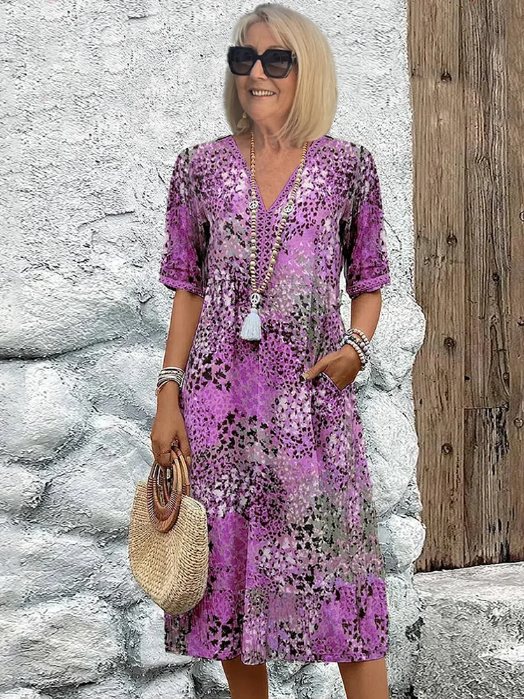 Women's multicoloured floral midi dress with V-neck, short sleeves and pockets