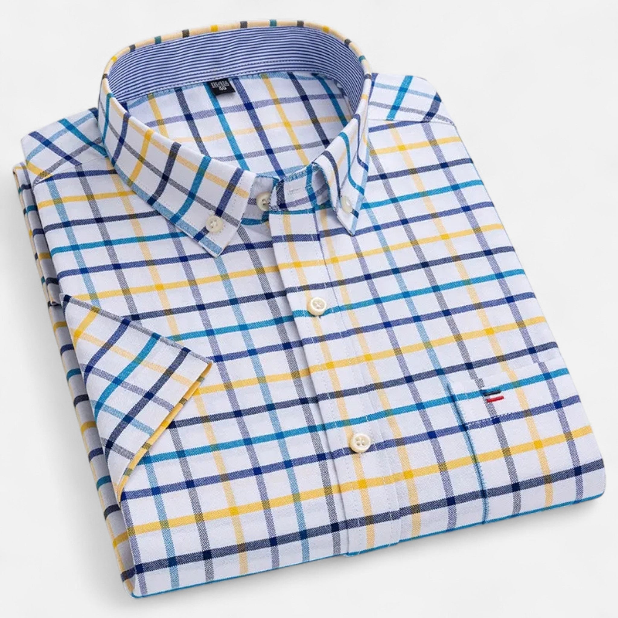 Men's short sleeve gingham shirt with button-down collar