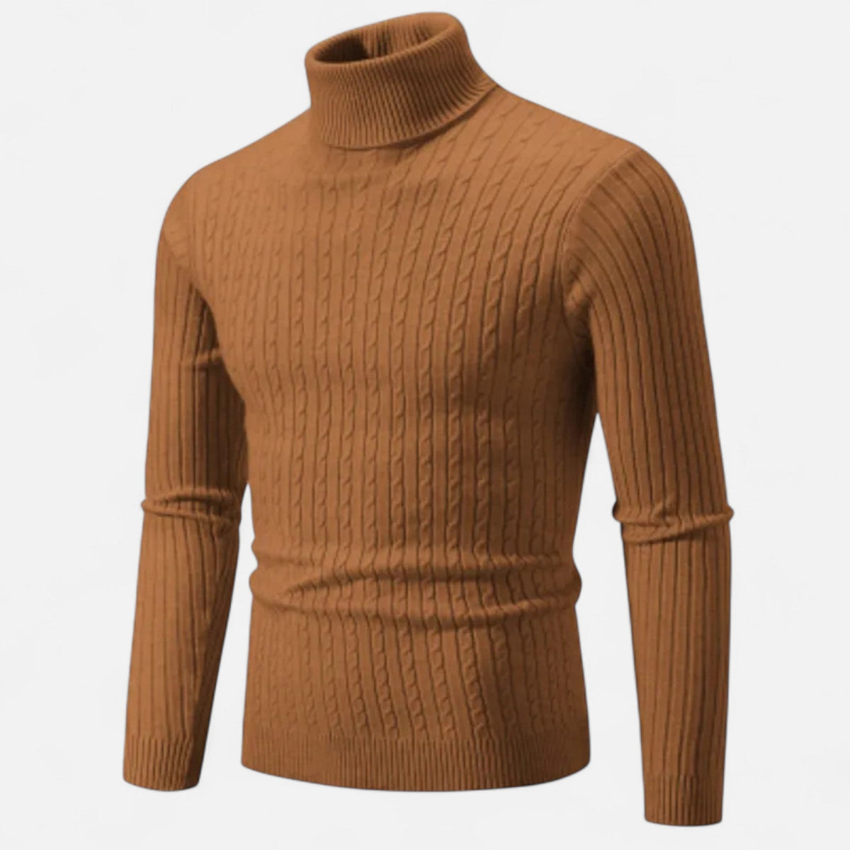 Men's cable knit turtleneck sweater with long sleeves and ribbed trims