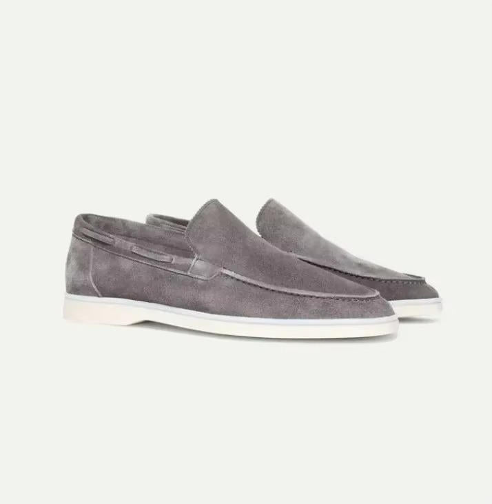 Men's suede yacht loafers with moc toe stitching and flat soles