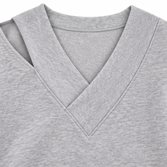 Women's oversized sweatshirt with asymmetric cutout shoulder, overlapping V-neckline and long sleeves