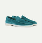Men's suede yacht loafers with moc toe stitching and flat soles