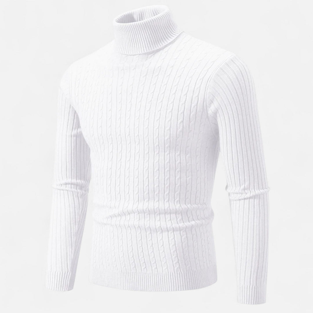 Men's cable knit turtleneck sweater with long sleeves and ribbed trims