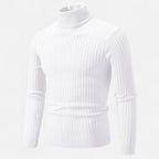 Men's cable knit turtleneck sweater with long sleeves and ribbed trims