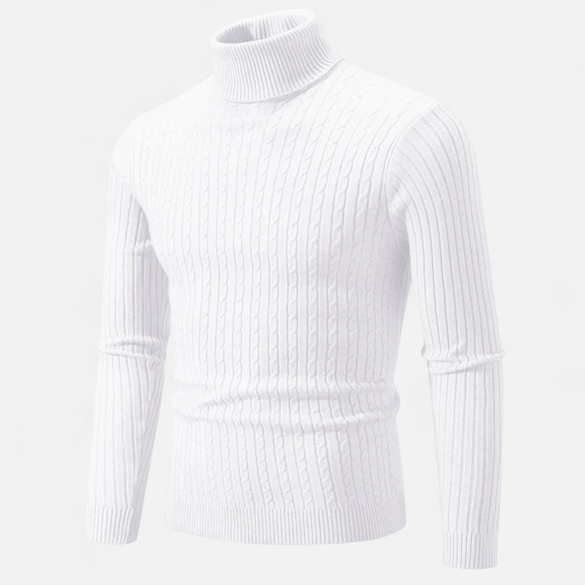 Men's cable knit turtleneck sweater with long sleeves and ribbed trims