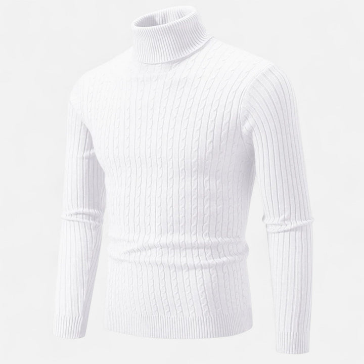 Men's cable knit turtleneck sweater with long sleeves and ribbed trims