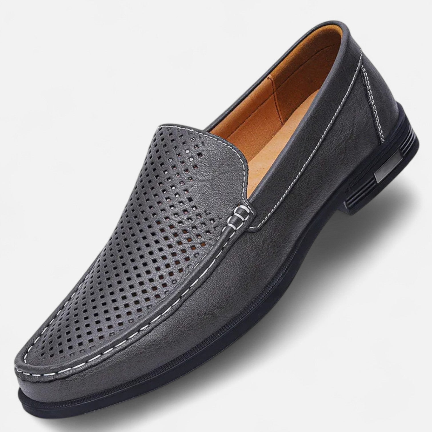 Men's perforated brown moc toe slip-on loafer with low heel