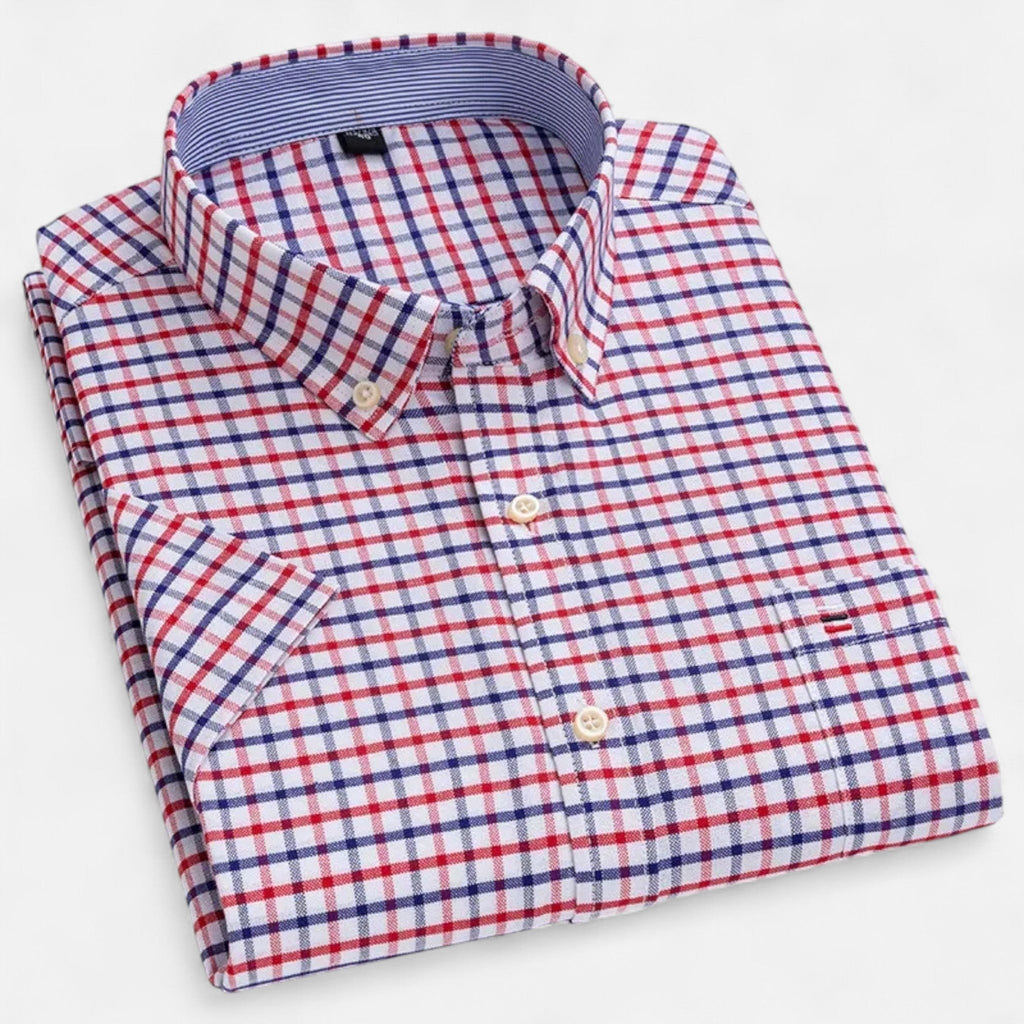 Men's short sleeve gingham shirt with button-down collar