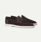 Men's suede yacht loafers with moc toe stitching and flat soles