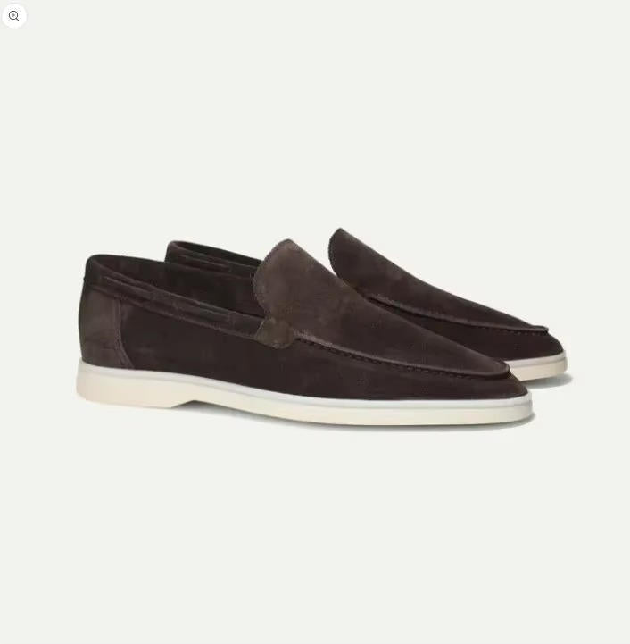 Men's suede yacht loafers with moc toe stitching and flat soles