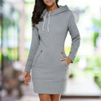 Women's hooded knee-length dress with long sleeves and front pockets