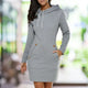 Women's hooded knee-length dress with long sleeves and front pockets
