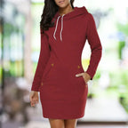 Women's hooded knee-length dress with long sleeves and front pockets