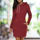 Women's hooded knee-length dress with long sleeves and front pockets