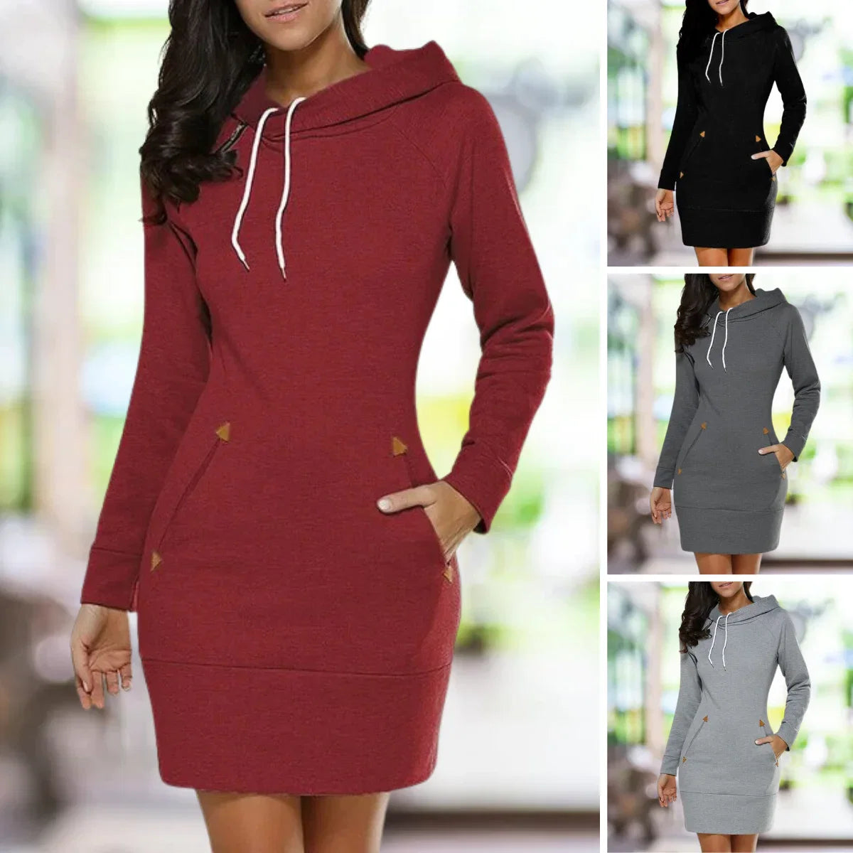 Women's hooded knee-length dress with long sleeves and front pockets