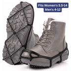 Black stretch ice cleats with traction chains fitted over boots
