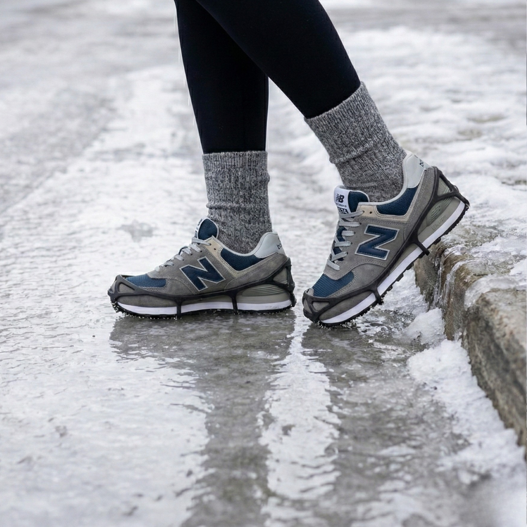 Black stretch ice cleats with traction chains fitted over boots