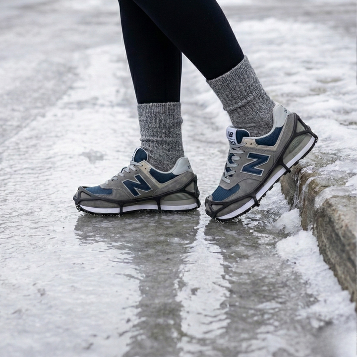 Black stretch ice cleats with traction chains fitted over boots