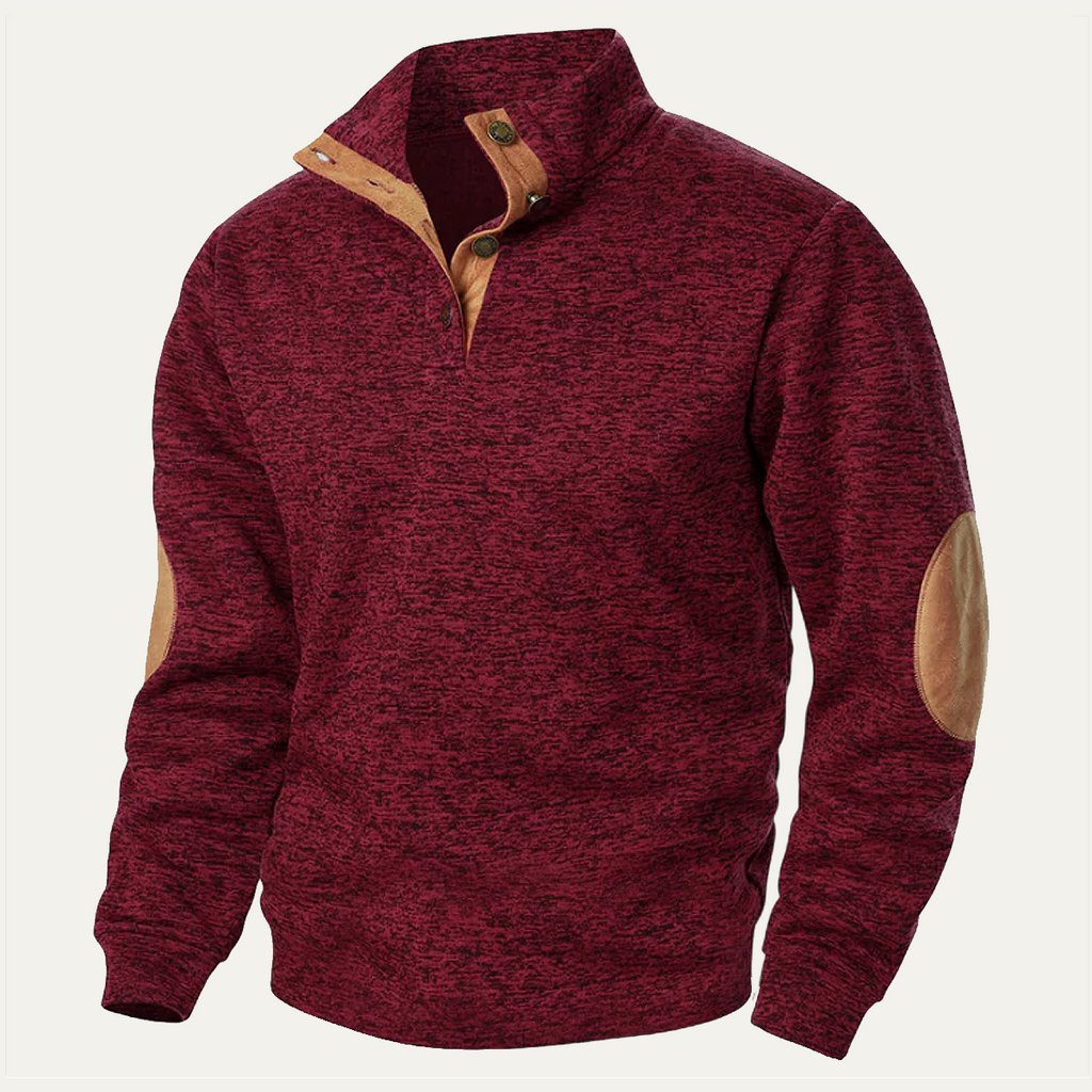 Men's textured knit sweater with mock neck and contrast elbow patches