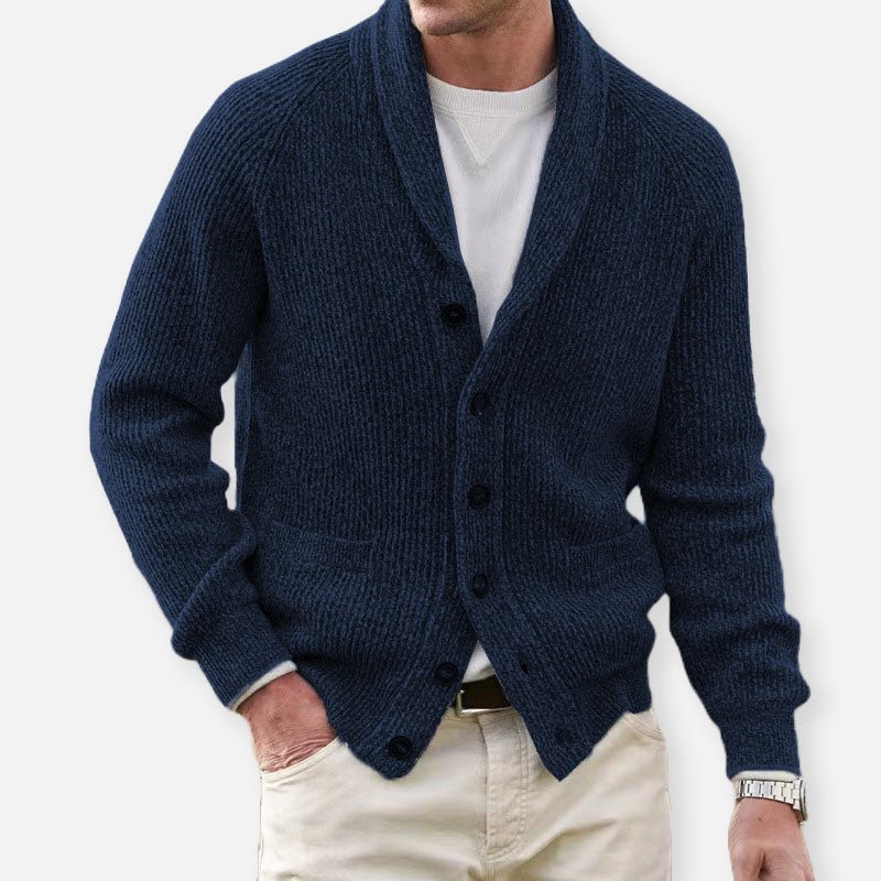 Men's ribbed knit cardigan with shawl collar and button front