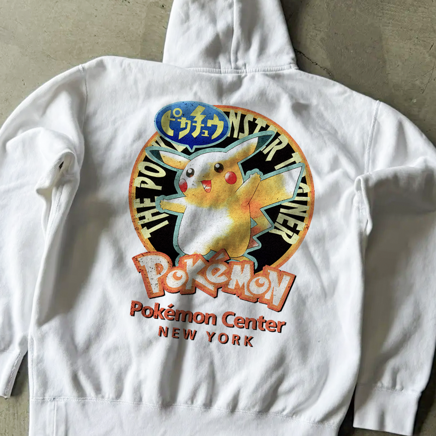 White Pokemon Center New York graphic hoodie with Pikachu back print