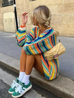 Women's multicoloured striped knitted cardigan with open front and long sleeves